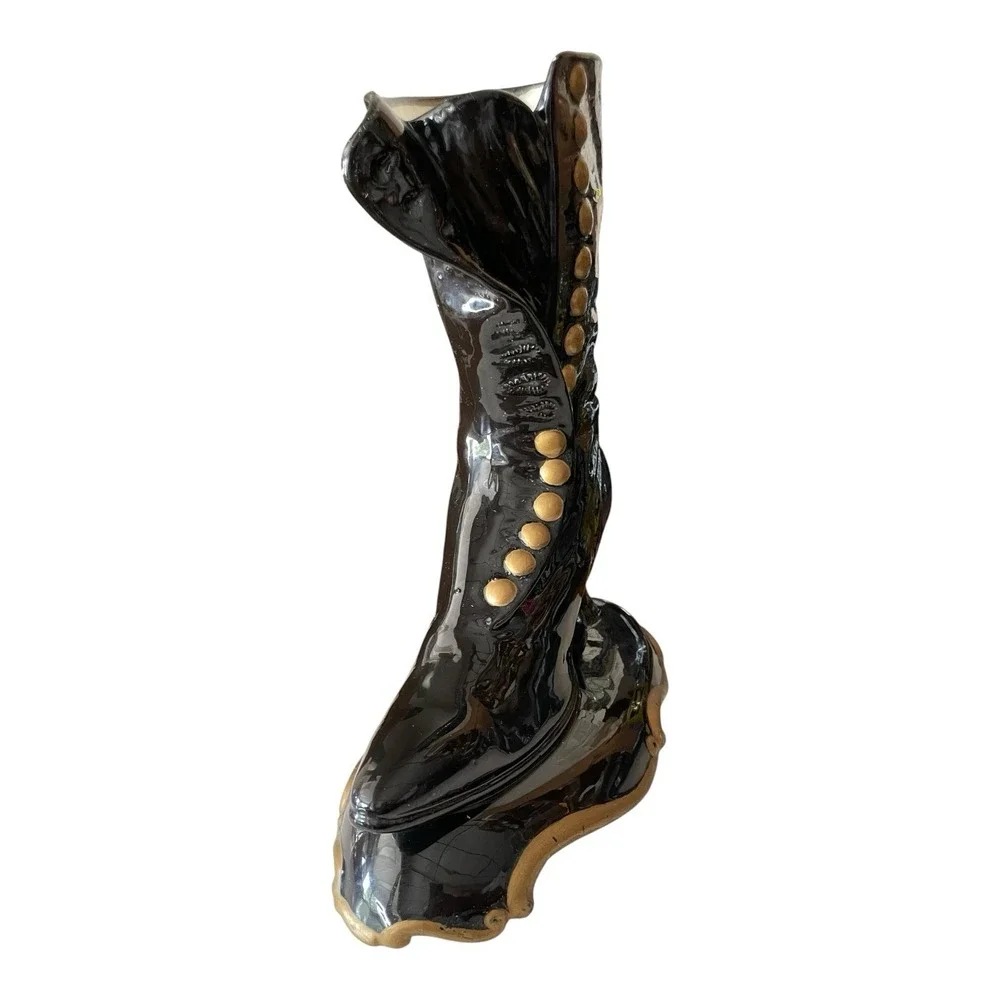 Atlantic Mold Victorian Black And Gold High Top Button Boot Vase Planter